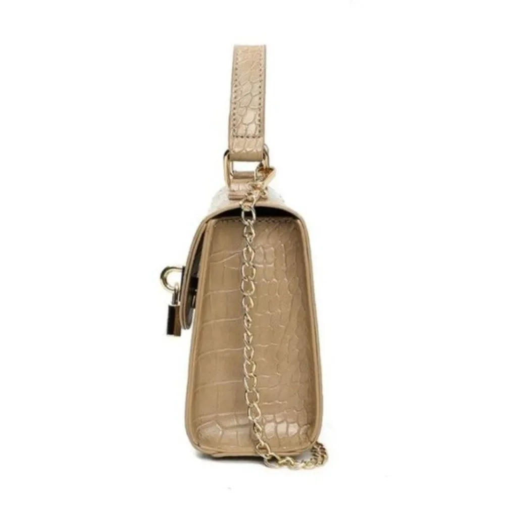 Crocodile Embossed Satchel with Lock / Crossbody Handbag in Beige - NWT - Picture 2 of 7